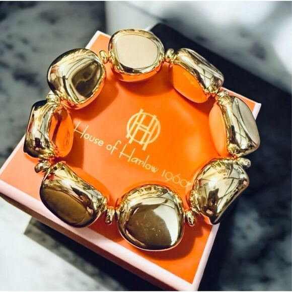 NWT Gorgeous House of Harlow 196 Elastic Highly Polished Gold Big Beads Bracelet - Picture 1 of 16